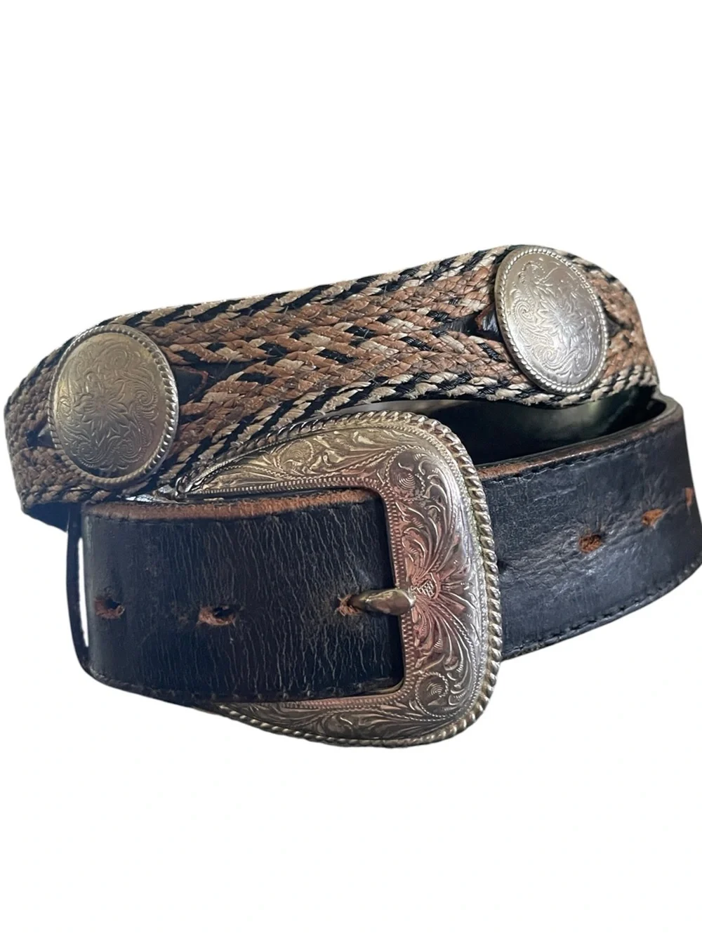 Western Leather Belt with Ornate Silver Conchos and Weaved Stiches Country Rodeo